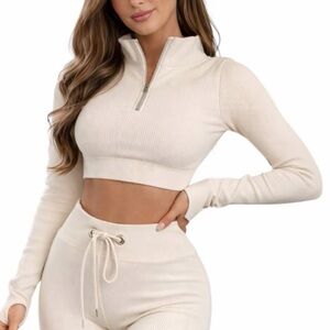 New OQQ Cream Ribbed Zip-Up CropTop Activewear Thumb Holes XS